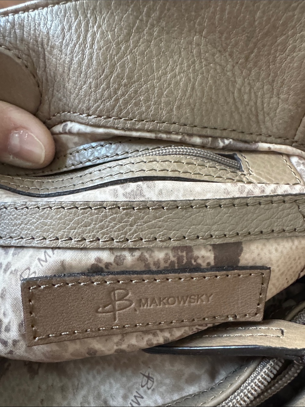 b. makowsky Taupe Pebbled Leather Shoulder Bag